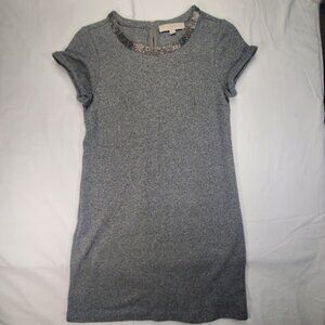 LOFT Gray Cap Sleeve Sheath Dress, Silver Bead Collar Detail, Size XS